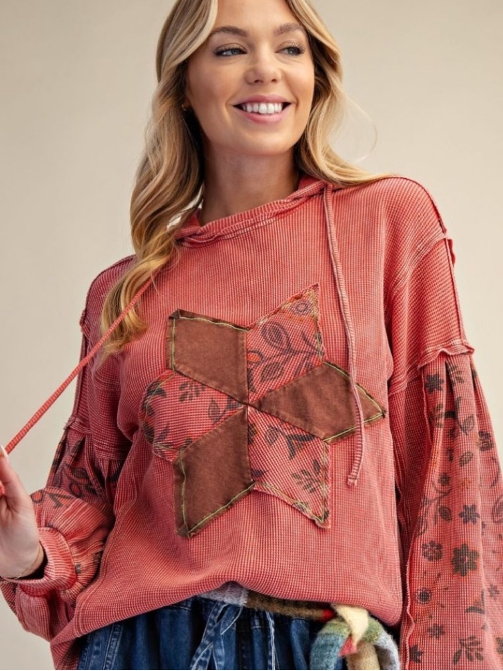 easel Coral Patchwork Star Hoodie